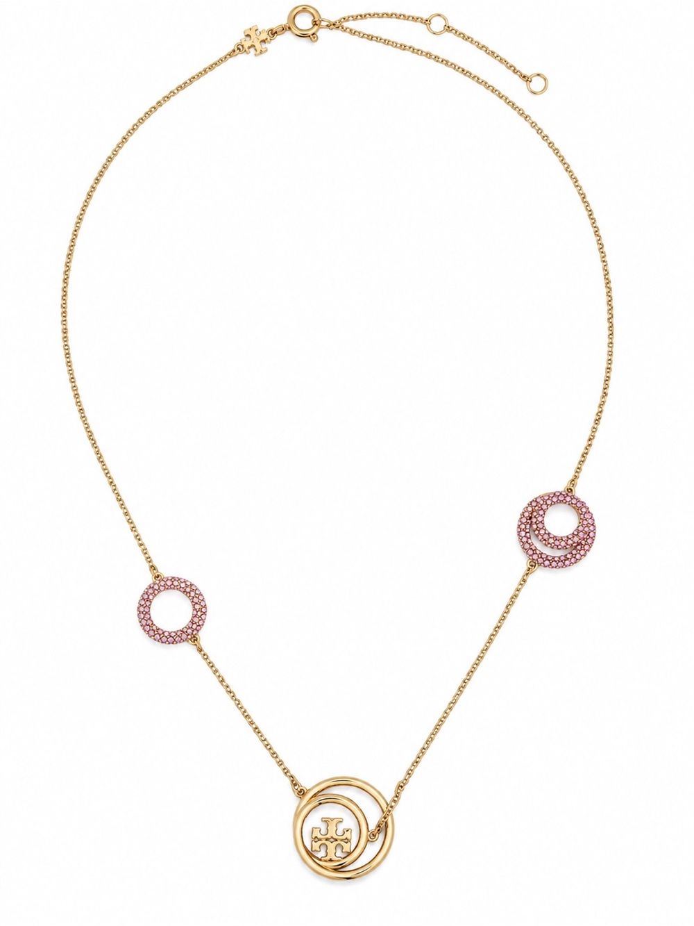 TORY BURCH MILLER RINGS NECKLACE IN GOLD AND PINK.